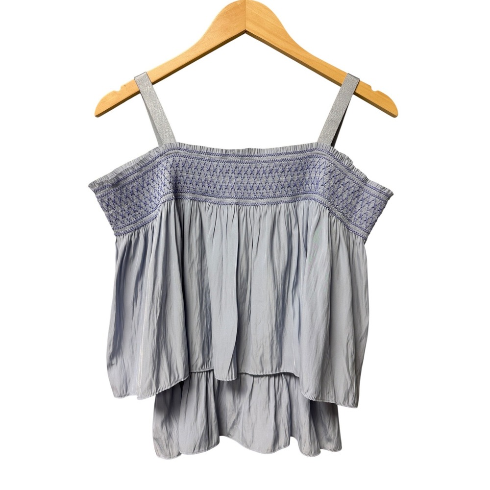 Ramy Brook Smocked Tiered Top Womens XS Light Blue Metallic‎ Strap Cami Summer